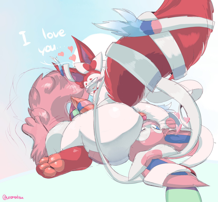 anal big_butt blue_eyes bow_(anatomy) butt dialogue duo ear_bow_(anatomy) element_drop_shadow facesitting femboy feral feral_on_feral fluffy fluffy_tail frottage fur glistening_heart heart_above_head heart_drop_shadow heart_symbol heart_triplet i_love_you licking looking_back male male/male neck_bow_(anatomy) oral pawpads penile pink_body pink_fur red_body red_fur ribbonjob ribbons_(anatomy) rimming sex simple_background sitting_on_another smile tail talking_to_another talking_to_partner text tongue tongue_out white_body white_fur uromatsu nintendo pokemon pen_(pd) saito_(certainlysoft) eeveelution generation_6_pokemon pokemon_(species) sylveon english_text hi_res watermark