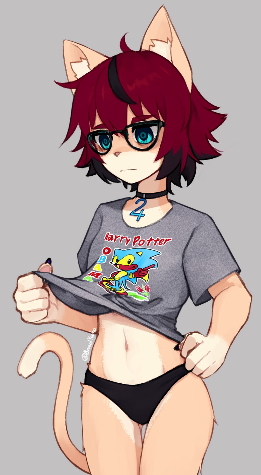 5_fingers anthro astrological_symbol astronomical_symbol black_clothing black_panties black_underwear blue_eyes choker clothing eyewear female female_anthro fingers fur fur_tuft glasses grey_background grey_clothing grey_shirt grey_t-shirt grey_topwear hair inner_ear_fluff jewelry jupiter_symbol kemono multicolored_body navel necklace panties planet_symbol print_clothing print_shirt print_t-shirt print_topwear pupils red_hair shirt simple_background solo symbol symbol-shaped_pupils t-shirt tan_body tan_fur text text_on_clothing text_on_shirt text_on_t-shirt text_on_topwear topwear tuft underwear unusual_eyes unusual_pupils wearing_glasses white_body white_fur yoako bootleg classic_sonic_(universe) harry_potter_obama sega sonic_the_hedgehog_(series) aeiou_(yoako) classic_sonic sonic_the_hedgehog domestic_cat felid feline felis mammal digital_drawing_(artwork) digital_media_(artwork) english_text hi_res