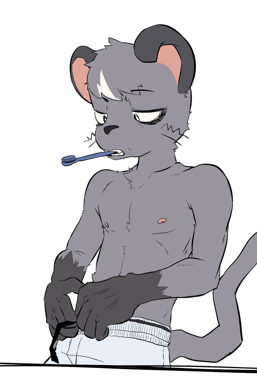 anthro brush clothed clothing male simple_background solo toothbrush toothbrush_in_mouth topless topless_male whiskers white_background ahseo gelato_(latotabo) mammal murid murine rat rodent hi_res