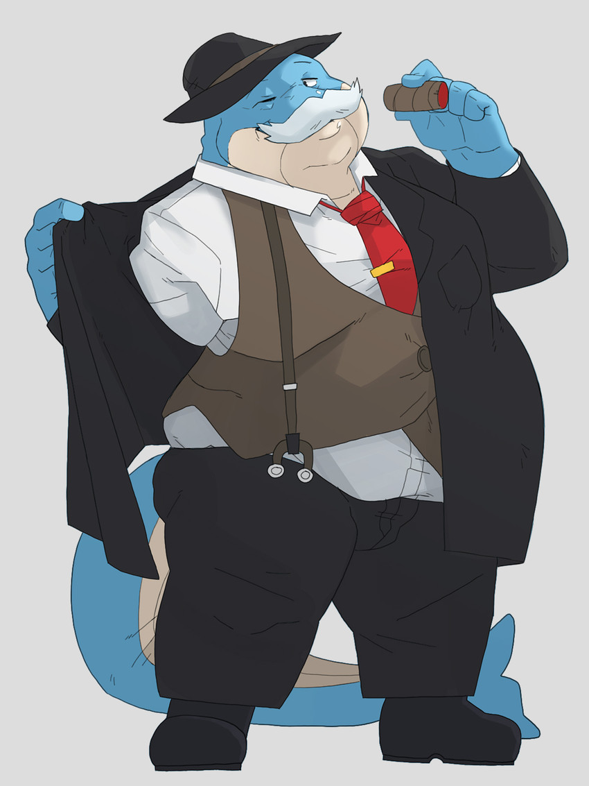 anthro blue_body bottomwear clothing hat headgear headwear humanoid_hands kemono male necktie one_eye_closed overweight overweight_anthro overweight_male pants shirt simple_background solo topwear wink bluewhale127 cetacean mammal marine 2020 3:4 hi_res