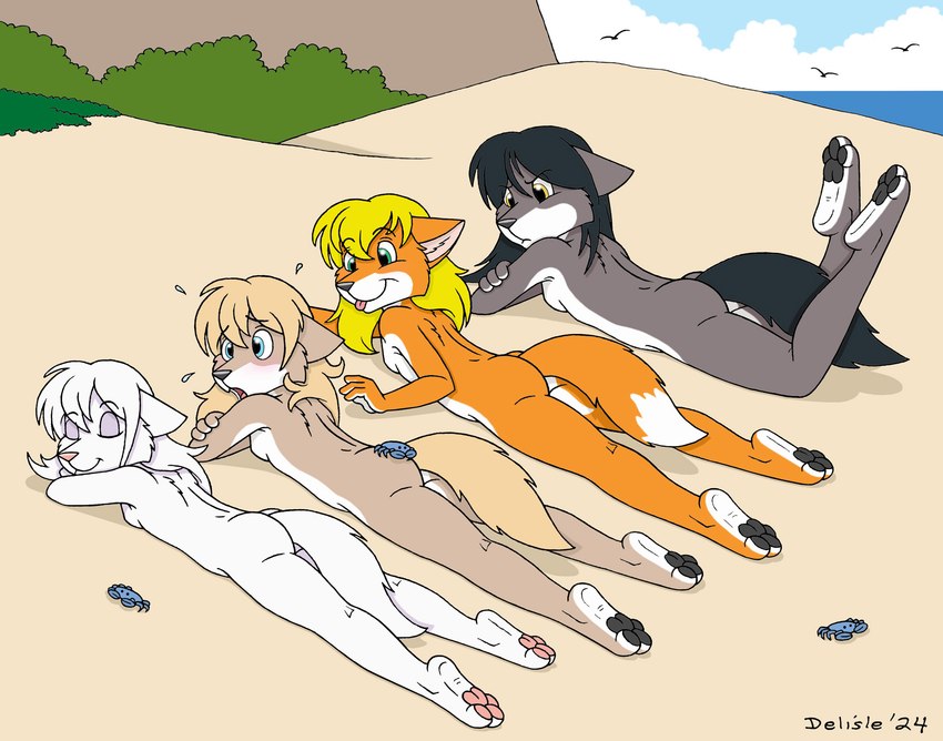 3_toes 4_fingers anthro bare_butt beach black_hair black_nose black_pawpads blonde_hair breasts butt casual_nudity eyes_closed feet female fingers fur grey_body grey_fur group hair hindpaw humanoid_hands lying multicolored_body multicolored_fur nude nude_anthro nude_beach nude_female on_front orange_body orange_fur pawpads paws pink_nose pink_pawpads seaside smile soles teeth toes tongue tongue_out two_tone_body two_tone_fur water white_body white_fur white_hair delisle 9_to_9 amber_(9_to_9) andrea_(9_to_9) fina_(9_to_9) steph_(9_to_9) arctic_fox canid canine canis fox mammal red_fox true_fox wolf 2022 hi_res signature sibling_(lore) sister_(lore) sisters_(lore)