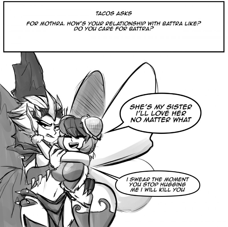 all_fours alternate_species big_breasts bottomwear breasts butt clothing crossgender dialogue duo female humanoidized loincloth speech_bubble text dr._pizza_boi godzilla_(series) kaiju_girls_(webcomic) mothra_(series) toho battra mothra animal_humanoid arthropod arthropod_humanoid humanoid insect insect_humanoid kaiju english_text greyscale hi_res monochrome sibling_(lore) sister_(lore) sisters_(lore)