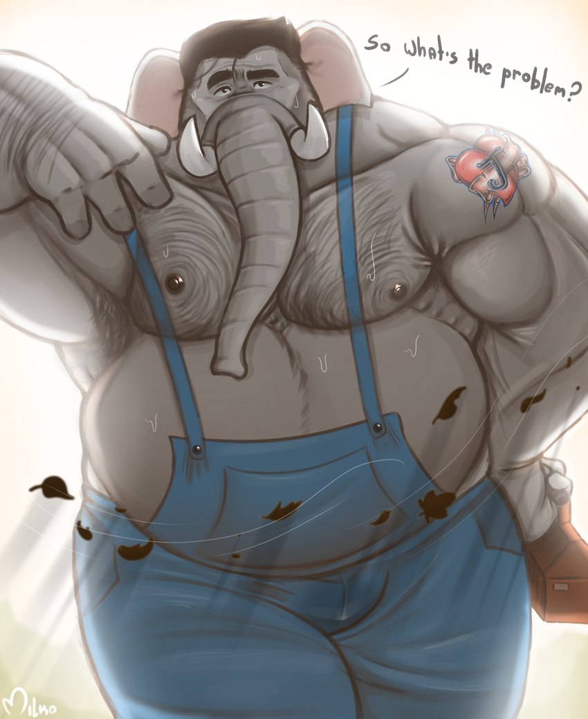 anthro arm_hair body_hair chest_hair clothing dialogue looking_at_viewer male mature_male musclegut muscular nipples overalls overalls_only overweight repairman slightly_chubby solo tattoo text toolbox anthony_milko frank_(anthony_milko) elephant elephantid mammal proboscidean english_text hi_res