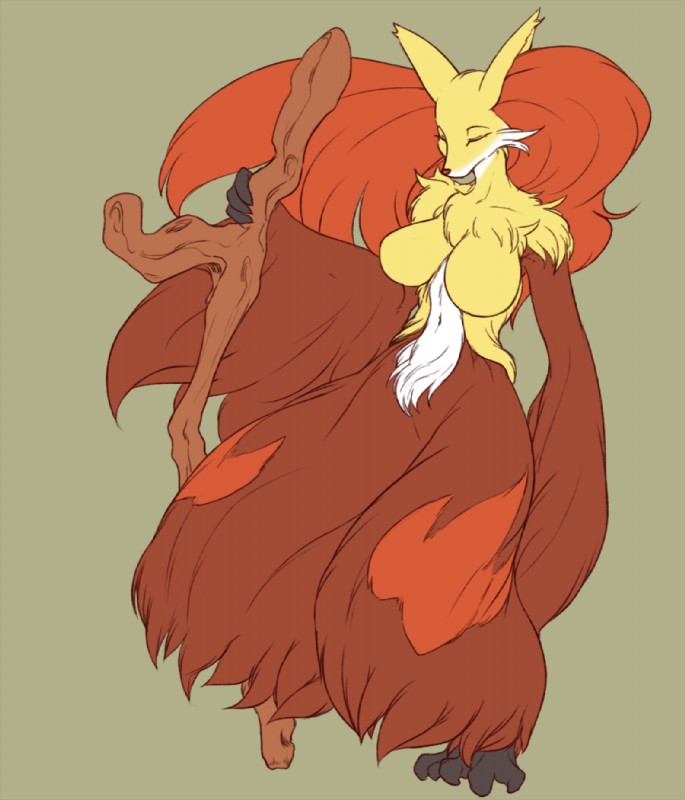 anthro big_breasts breasts chest_tuft eyes_closed female fluffy fur inner_ear_fluff long_fur mane navel solo tuft fdokkaku nintendo pokemon canid canine delphox generation_6_pokemon mammal pokemon_(species)