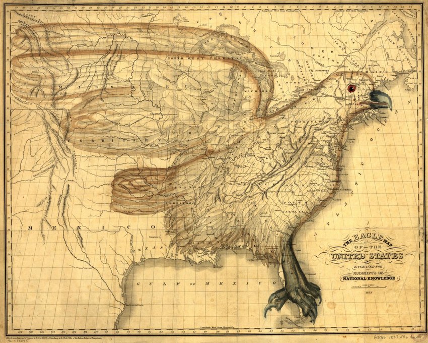 alabama ambiguous_gender atlantic_ocean avian_feet biped brown_eyes canada claws delaware feathered_wings feathers feet feral georgia_(state) great_lakes historical illinois indiana_(state) kentucky louisiana maine_(us_state) map maryland massachusetts mexico mississippi missouri new_hampshire new_york north_carolina ohio pupils rhode_island sea side_view simple_background solo south_carolina spread_wings tail tail_feathers talons tennessee text toes united_states_of_america vermont virginia_(state) water wings yellow_background abraham_hart edward_l._carey accipitrid accipitriform avian bird eagle 1833 19th_century ancient_art dated english_text formal_art full-length_portrait hi_res line_art portrait traditional_media_(artwork)