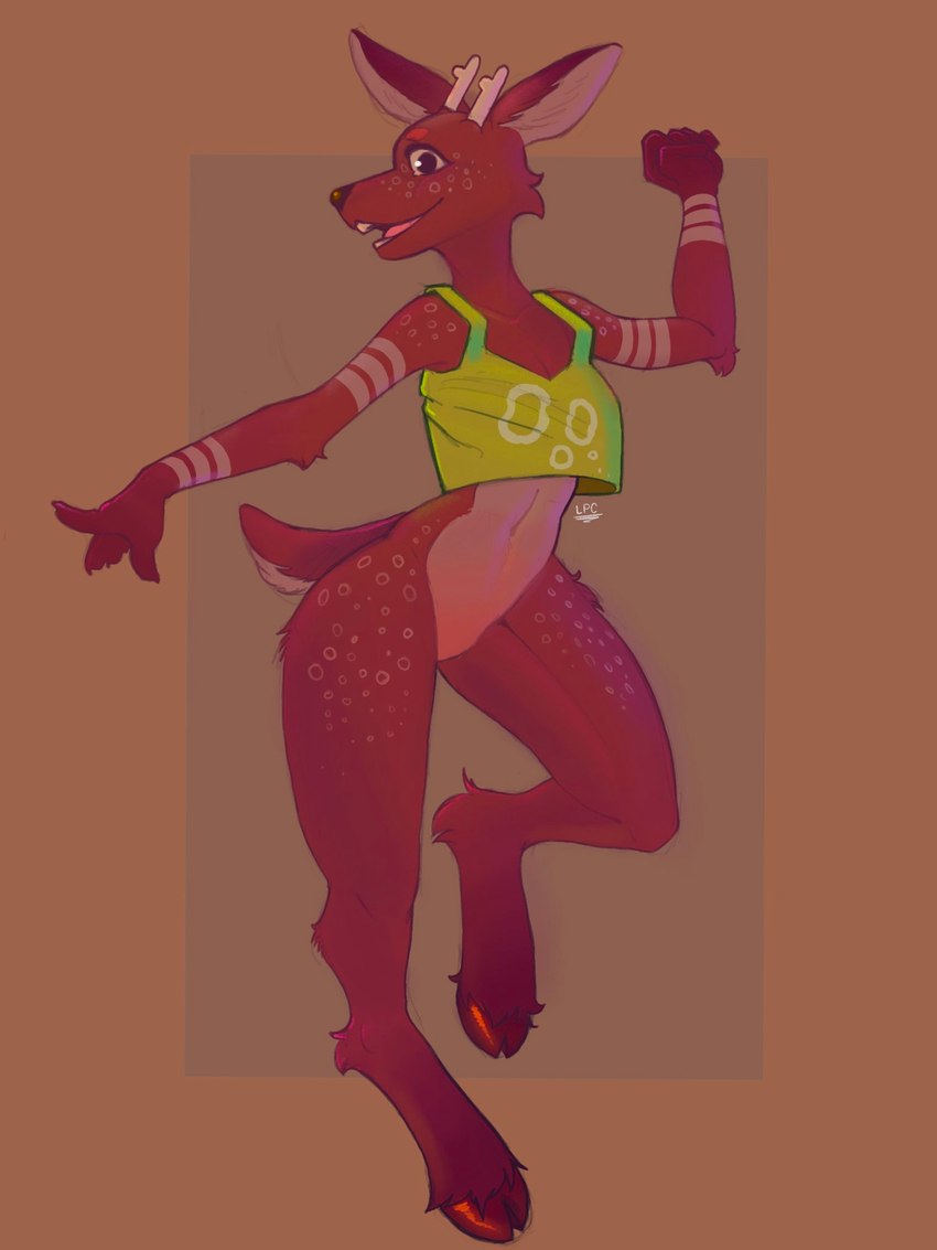 anthro antlers biped bottomless brown_body brown_fur clothed clothing featureless_crotch female fur green_clothing green_shirt green_tank_top green_topwear hooves horn navel open_mouth raised_arm shirt solo standing tank_top teeth tongue topwear thelordp_chan deer mammal 2020 3:4 digital_media_(artwork) hi_res shaded