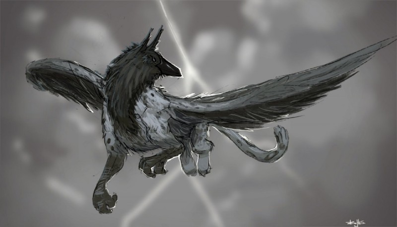 ambiguous_gender beak cloud electricity feathered_wings feathers feral flying leucistic lightning outside sky skyscape solo spread_wings tail wings lengry mythology faunoiphilia avian bird corvid corvus_(genus) felid grave_gryphon gryphon jaguar mammal mythological_avian mythological_creature oscine pantherine passerine raven monochrome