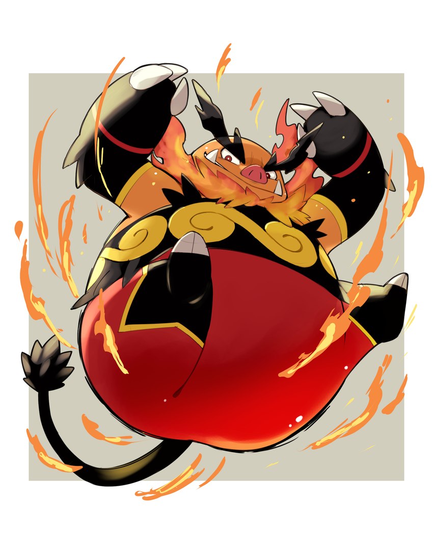 anthro belly big_belly biped butt fire kemono orange_body red_body simple_background solo kinoshita-jiroh nintendo pokemon emboar generation_5_pokemon pokemon_(species) 2023 absurd_res hi_res