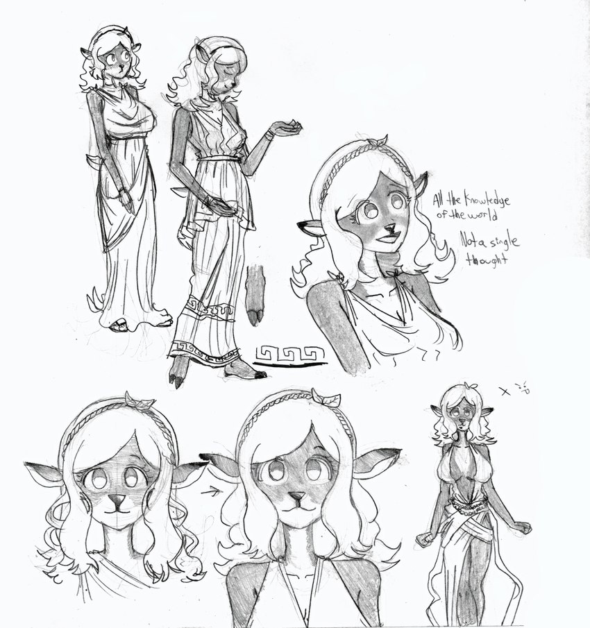 anthro big_breasts blonde_hair breasts clothed clothing dress female greek greek_clothing hair hooves leaf long_dress solo wavy_hair efradraws northwind_(efradraws) elafi_(efradraws) deer mammal absurd_res graphite_(artwork) hi_res model_sheet monochrome sketch traditional_media_(artwork)