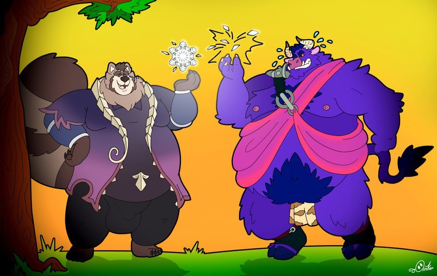 anthro belly big_bulge brown_body brown_fur bulge duo fur hooves horn male male/male musclegut muscular nipples pecs purple_body purple_fur artur_oink killigan's_treasure killigan bovid bovine canid canine cattle mammal raccoon_dog tanuki