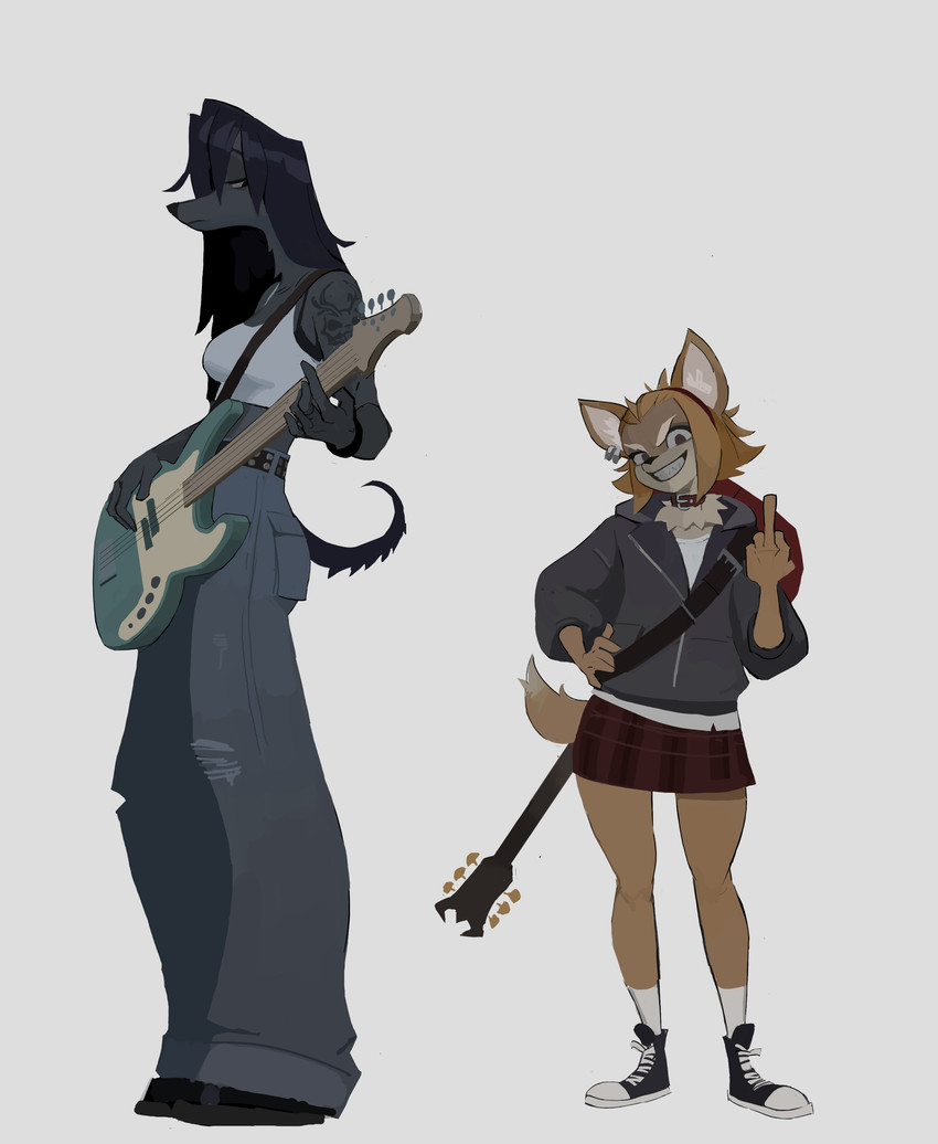 5_fingers anthro arm_tattoo bass_guitar belt biped black_belt black_boots black_bra black_clothing black_eyebrows black_eyes black_footwear black_hair black_nose black_shoes black_tail black_tattoo black_underwear black_wristband blue_bottomwear blue_clothing blue_jeans blue_pants boots bottomwear bra breasts brown_body brown_ears brown_eyes brown_fur brown_tail closed_frown clothed clothed_anthro clothed_female clothing collar cropped_tank_top denim denim_bottomwear denim_clothing dipstick_tail ear_piercing ear_ring electric_guitar eyebrows eyelashes female female_anthro fingers flipping_viewer_off footwear frown fur gesture grey_body grey_clothing grey_fur grey_hoodie grey_topwear grin grinning_at_viewer guitar guitar_strap hair half-closed_eyes hand_gesture hand_on_hip hand_on_own_hip head_tilt holding_guitar holding_musical_instrument holding_object hoodie jeans long_hair long_sleeves looking_at_viewer looking_down markings medium_breasts middle_finger midriff miniskirt mouth_closed multicolored_body multicolored_clothing multicolored_footwear multicolored_fur multicolored_shoes musical_instrument narrowed_eyes orange_hair pants pattern_bottomwear pattern_clothing pattern_skirt piercing plaid plaid_bottomwear plaid_clothing plaid_skirt plantigrade plucked_string_instrument red_bottomwear red_clothing red_collar red_hairband red_skirt ring_piercing sharp_teeth shirt shoes short_hair simple_background size_difference skirt skull_tattoo smile smiling_at_viewer sneakers snout socks solo standing string_instrument studded_belt studs tail tail_markings tan_body tan_eyebrows tan_fur tan_tail tan_tail_tip tank_top tattoo teeth topwear torn_bottomwear torn_clothing torn_jeans torn_pants two_tone_body two_tone_clothing two_tone_footwear two_tone_fur two_tone_shoes two_tone_tail underwear white_background white_clothing white_footwear white_inner_ear white_shirt white_shoes white_socks white_tank_top white_topwear wristband amugea darcy_(amugea) lita_(amugea) afghan_hound canid canine canis chihuahua domestic_dog hunting_dog mammal sighthound toy_dog 2026 absurd_res hi_res