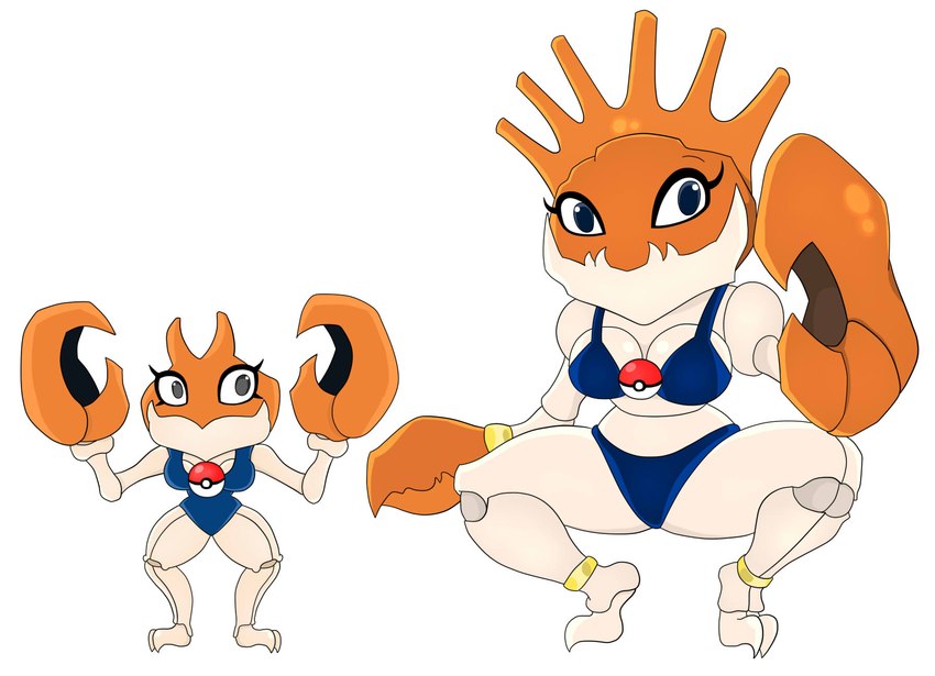 anthro anthrofied armwear bikini bikini_thong bikini_top black_eyes blue_bikini blue_clothing blue_swimwear breasts claws clothed clothing duo female grey_eyes legwear orange_claws pokeball pokemorph simple_background swimwear two-piece_swimsuit white_background white_body urusee584 nintendo pokemon generation_1_pokemon kingler krabby pokemon_(species) hi_res