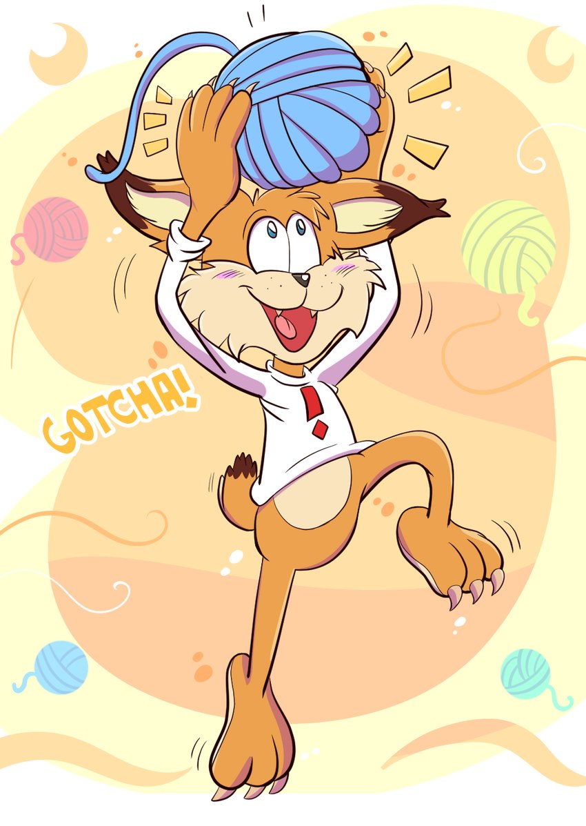 3_toes 4_fingers anthro ball_of_yarn black_nose blue_eyes blush blush_lines brown_claws brown_ear_tips brown_tail_tip cheek_tuft claws clothing crescent_(shape) dialogue dipstick_ears dipstick_tail ear_markings facial_tuft fangs featureless_crotch feet fingers fur hair holding_yarn light male male_anthro markings midair motion_lines multicolored_ears open_mouth open_smile orange_background orange_body orange_fur orange_hair orange_tail shirt short_hair simple_background smile solo tail tail_markings tan_body tan_fur tan_inner_ear teeth text toes topwear tuft whisker_spots white_clothing white_shirt white_topwear yarn yelling fuposey bubsy_(series) bubsy bubsy_bobcat bobcat felid feline lynx mammal 2025 colored digital_drawing_(artwork) digital_media_(artwork) english_description english_text hi_res lighting shaded