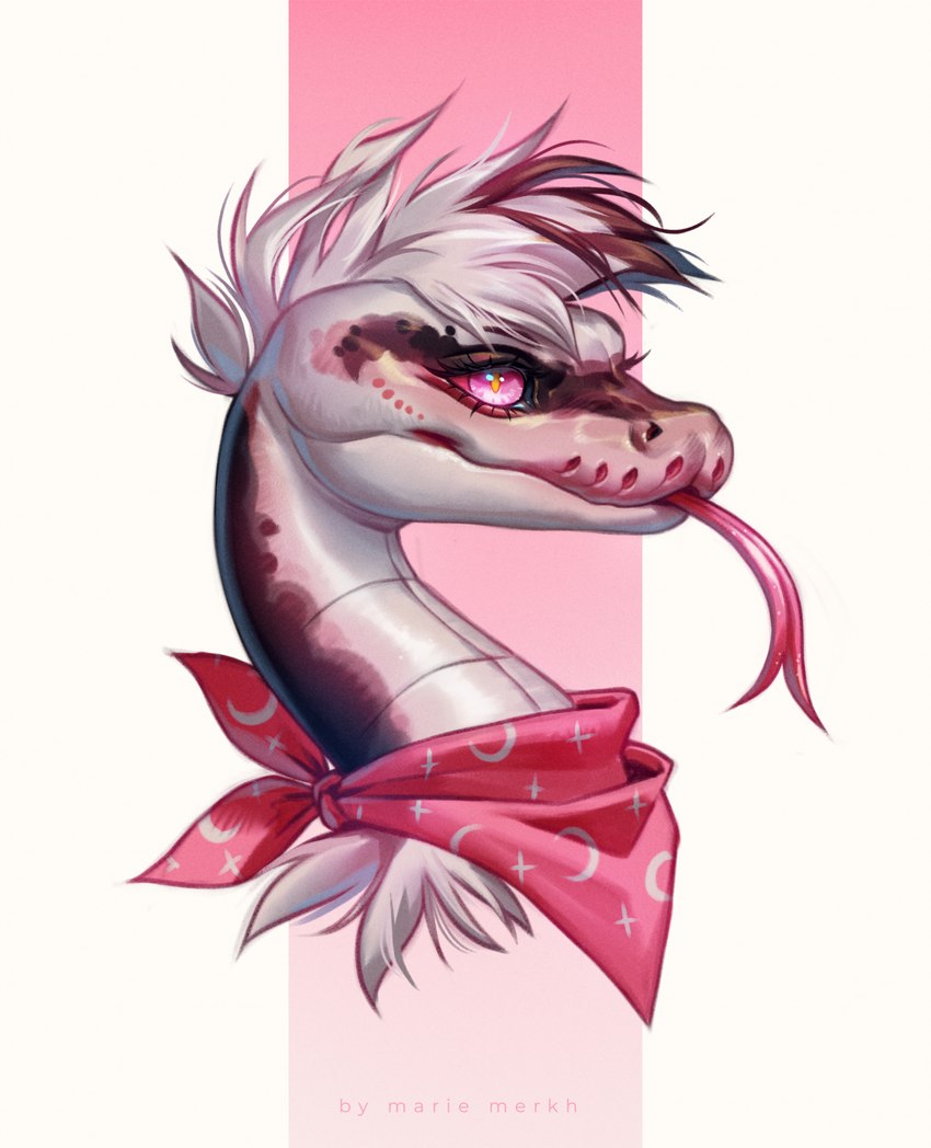 black_body female feral forked_tongue hair kerchief neckerchief neckwear pink_eyes pink_kerchief pink_neckerchief pink_tongue red_sclera short_hair simple_background solo tongue tongue_out white_body white_hair marie_merkh reptile scalie snake hi_res