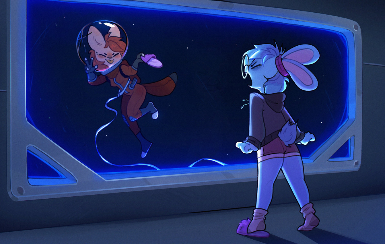 accessory angry anthro blue_body blue_fur blue_hair bottomwear clothed clothing detailed_background duo eyewear female female_anthro footwear fully_clothed fur glasses hair hair_accessory hairband inside large_glasses mischievous orange_clothing orange_hair scut_tail shoes short_tail shorts slippers socks space spacesuit sweater tail tongue tongue_out topwear window yelling rexyseven rusty_gears canid canine fox lagomorph leporid mammal rabbit 2025 digital_media_(artwork) hi_res