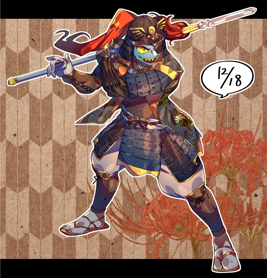 armor blue_body blue_skin clothing eye_patch eyewear female fin footwear hair japanese_armor laminar_armor melee_weapon polearm red_hair samurai samurai_armor sandals shoes solo warrior weapon yellow_sclera pugthe2ro undertale undertale_(series) undyne animal_humanoid fish fish_humanoid humanoid marine marine_humanoid hi_res