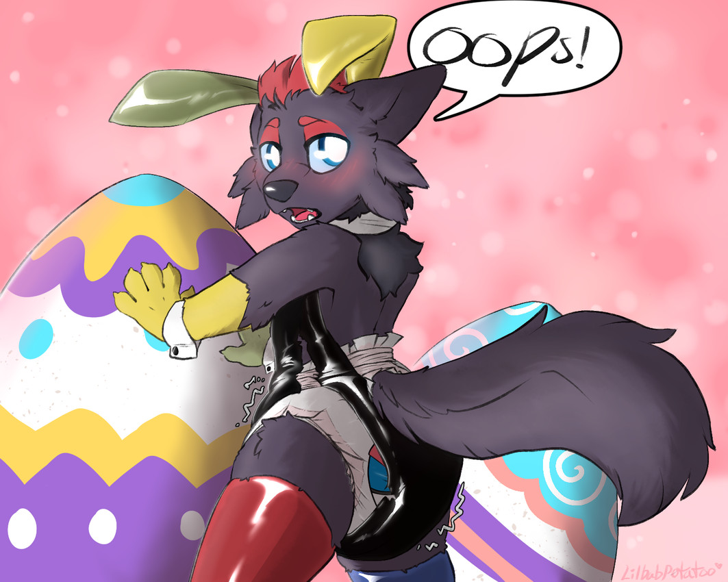 anthro clothed clothing diaper holidays male malfunction solo suit wardrobe wearing_diaper lilbabpotatoo easter nintendo pokemon zekiel_(talosthehydra) generation_5_pokemon lagomorph leporid mammal pokemon_(species) rabbit zorua 5:4 hi_res