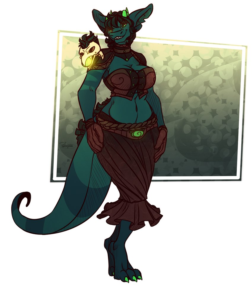 anthro big_breasts biped breasts claws clothing female glowing glowing_horn glowing_nails hair horn magic_user necromancer solo tail witch_costume shestaroo tanks_(artist) mythology miss_m dragon monster mythological_creature mythological_scalie scalie digital_media_(artwork) hi_res