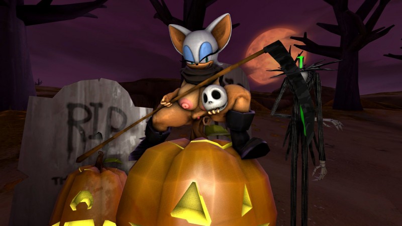 anthro big_breasts breasts female genitals holidays looking_at_viewer mostly_nude nipples nude pronounced_browridge pussy jessen kabalmystic_(artist) halloween sega sonic_the_hedgehog_(series) the_nightmare_before_christmas jack_skellington rouge_the_bat bat mammal 16:9 3d_(artwork) digital_media_(artwork) hi_res source_filmmaker_(artwork) widescreen