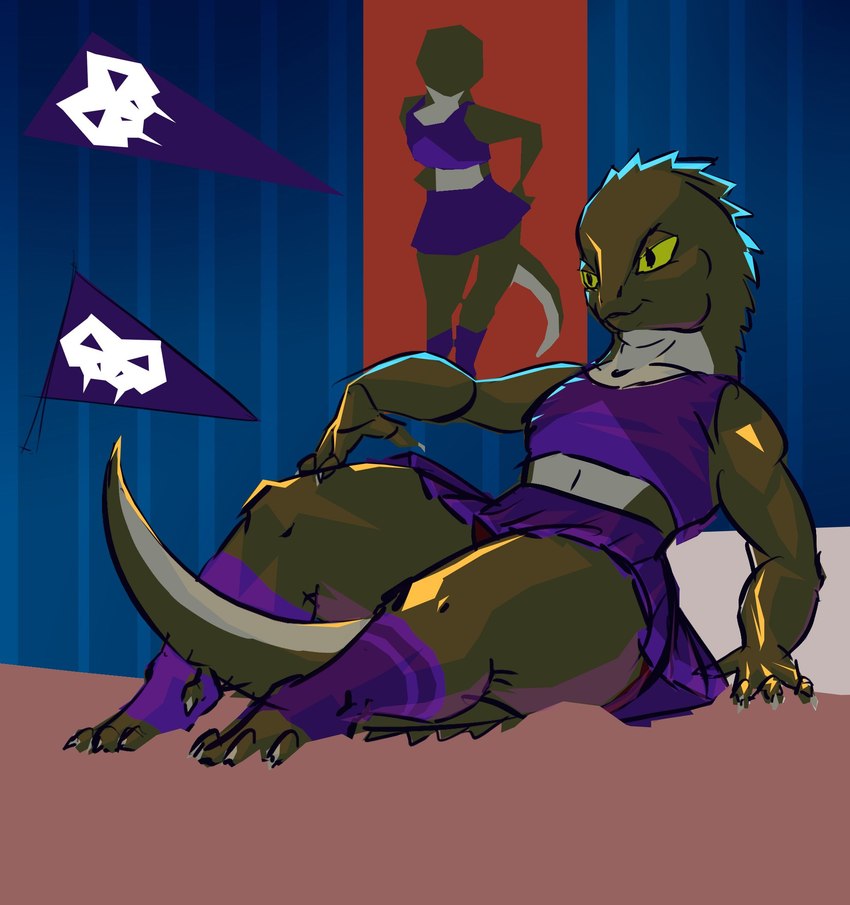 anthro beckoning bedroom cheerleader cheerleader_outfit clothing female gesture pose poster purple_clothing solo tail thick_tail thick_thighs greenpolygon crocodilian reptile reptoid scalie hi_res pinup