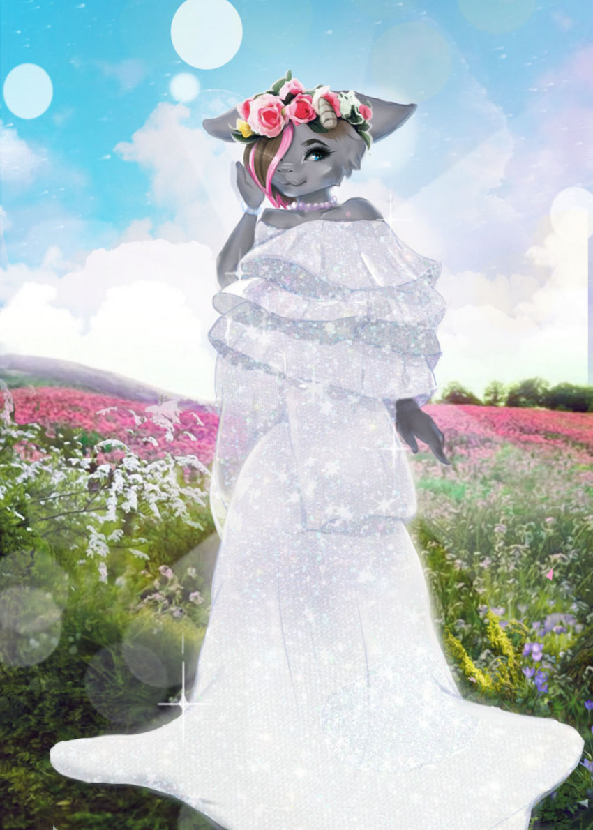 accessory anthro clothing dress female flower flower_in_hair hair hair_accessory plant solo sparkles mertzdn_(artist) rose_(rosethegoat) bovid caprine goat mammal hi_res