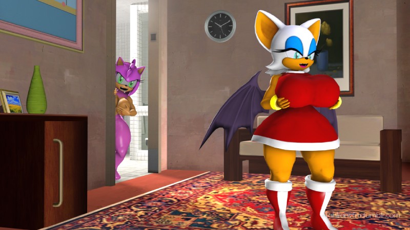 anthro anthrofied big_breasts breasts clothing cosplay dress dress_theft duo female huge_breasts mature_anthro mature_female nude red_clothing red_dress thick_thighs wide_hips kabalmystic_(artist) tahlian sega sonic_the_hedgehog_(series) amy_rose rouge_the_bat bat eulipotyphlan hedgehog mammal 16:9 3d_(artwork) digital_media_(artwork) widescreen