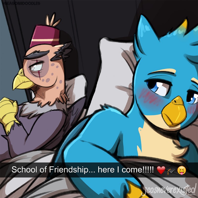 bed blue_eyes blush dialogue duo eye_scar facial_scar furniture heart_symbol male scar selfie text wings conditional_dnp jcosneverexisted friendship_is_magic hasbro my_little_pony mythology snapchat gallus_(mlp) grampa_gruff_(mlp) avian gryphon mythological_avian mythological_creature 1:1 2019 english_text