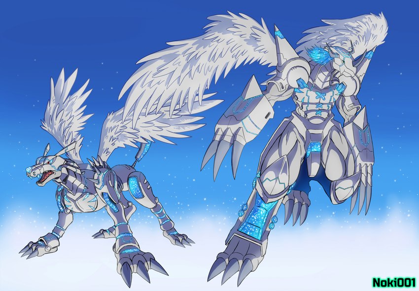 ambiguous_gender anthro armor big_claws blue_background blue_hair blue_stripes claws duo feathers feral glowing hair headgear helmet horn muscular open_mouth paws raised_leg red_eyes simple_background sparkles spikes standing stripes white_armor white_body white_wings wings noki001 bandai_namco digimon digimon_(species) metalgarurumon wargreymon absurd_res hi_res