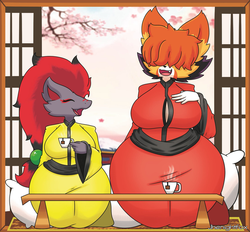 anthro big_breasts breasts cup_of_tea duo fangs female looking_up pillow smile teeth wide_hips jhenightfox nintendo pokemon julie_(jhenightfox) canid canine fox generation_5_pokemon mammal pokemon_(species) zoroark hi_res