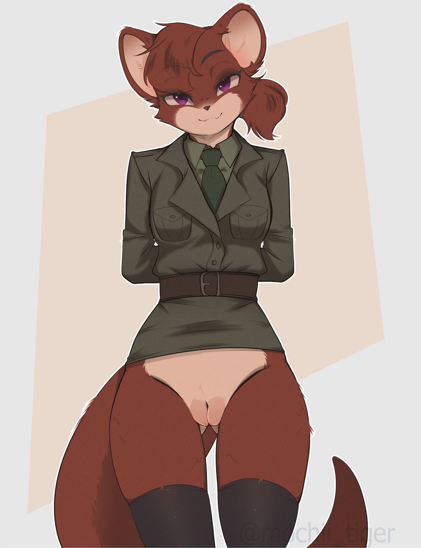 anthro belt bottomless brown_body brown_fur brown_hair clothed clothing crossed_arms cute_fangs dress_shirt fangs fat_mons female front_view fur genitals hair hands_behind_head legwear military_uniform necktie plump_labia purple_eyes pussy shirt solo standing tail teeth thigh_highs topwear uniform mochii_tiger elsie_(spacecamper) mammal mustelid otter absurd_res hi_res