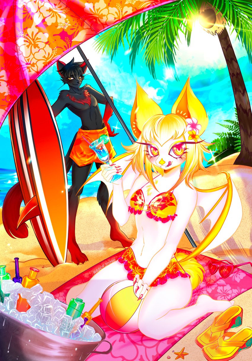 anthro bikini black_body black_fur breasts chest_tuft claws clothing detailed_background duo feet female finger_claws fingers fur gloves_(marking) kneeling leg_markings looking_at_viewer male markings membrane_(anatomy) membranous_wings multicolored_body multicolored_fur red_body red_fur red_markings sand small_breasts socks_(marking) standing surfboard swimming_trunks swimwear toe_claws toes tuft two-piece_swimsuit two_tone_body two_tone_fur water white_body white_fur white_wings wings r4dical_trickster bat domestic_cat felid feline felis mammal digital_drawing_(artwork) digital_media_(artwork) hi_res