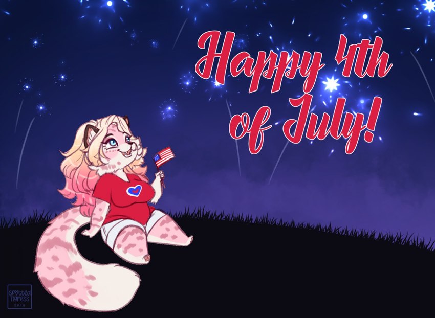 american_flag anthro blonde_hair blue_eyes bottomwear chibi clothed clothing female fireworks flag flag_(object) fur hair holding_flag holding_object holidays looking_up multicolored_hair night open_mouth open_smile overweight overweight_anthro overweight_female pink_body pink_fur pink_hair red_clothing red_shirt red_t-shirt red_topwear shirt sitting smile solo t-shirt topwear two_tone_hair united_states_of_america white_body white_bottomwear white_clothing white_fur tiggybloom 4th_of_july marzipan_(spottedtigress) felid mammal pantherine tiger 2019