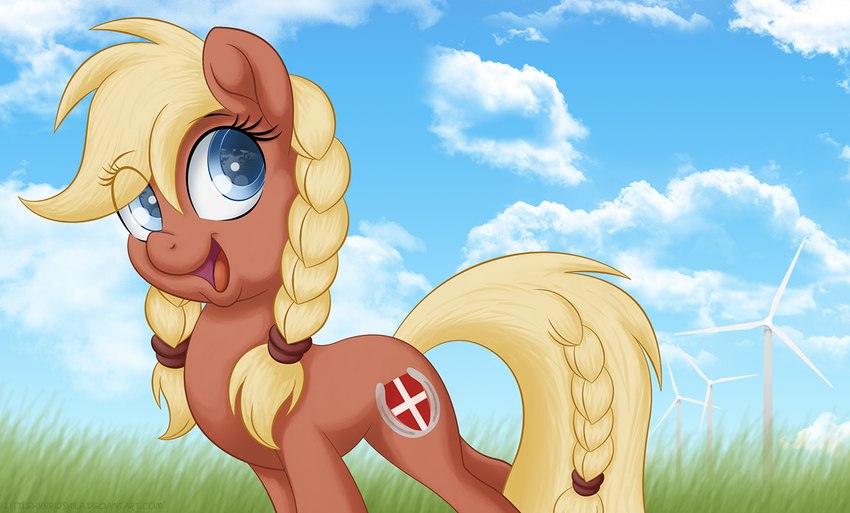 blonde_hair blue_eyes braided_hair cloud cutie_mark danish_flag dannebrog day female feral grass hair looking_up outside plant smile solo windmill littlehybridshila hasbro my_little_pony valkyria_(littlehybridshila) equid equine horse mammal pony 2017