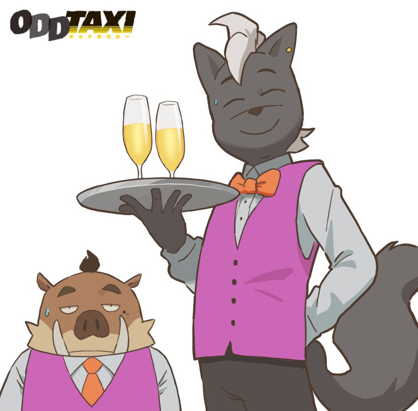 alcohol anthro beverage bodily_fluids bow_tie champagne champagne_glass clothing container cup drinking_glass duo ear_piercing ear_ring glass glass_container glass_cup holding_object male piercing ring_piercing serving serving_alcohol serving_beverage simple_background smile sweat sweatdrop topwear tusks vest waiter mugicaan1 odd_taxi kensuke_shibagaki_(odd_taxi) shun_imai_(odd_taxi) mammal mephitid skunk suid suina sus_(pig) wild_boar hi_res official_art