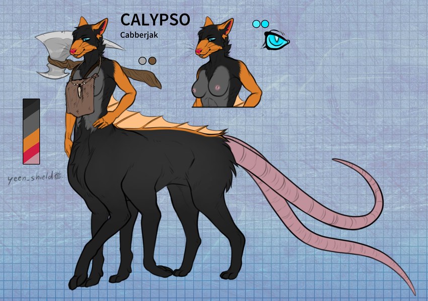 2_tails 6_legs axe black_body black_fur dorsal_fin female fin fur melee_weapon multi_tail orange_body orange_fur rat_tail solo tail weapon yeen_shield calypso_(basian) cabberjak taur hi_res model_sheet