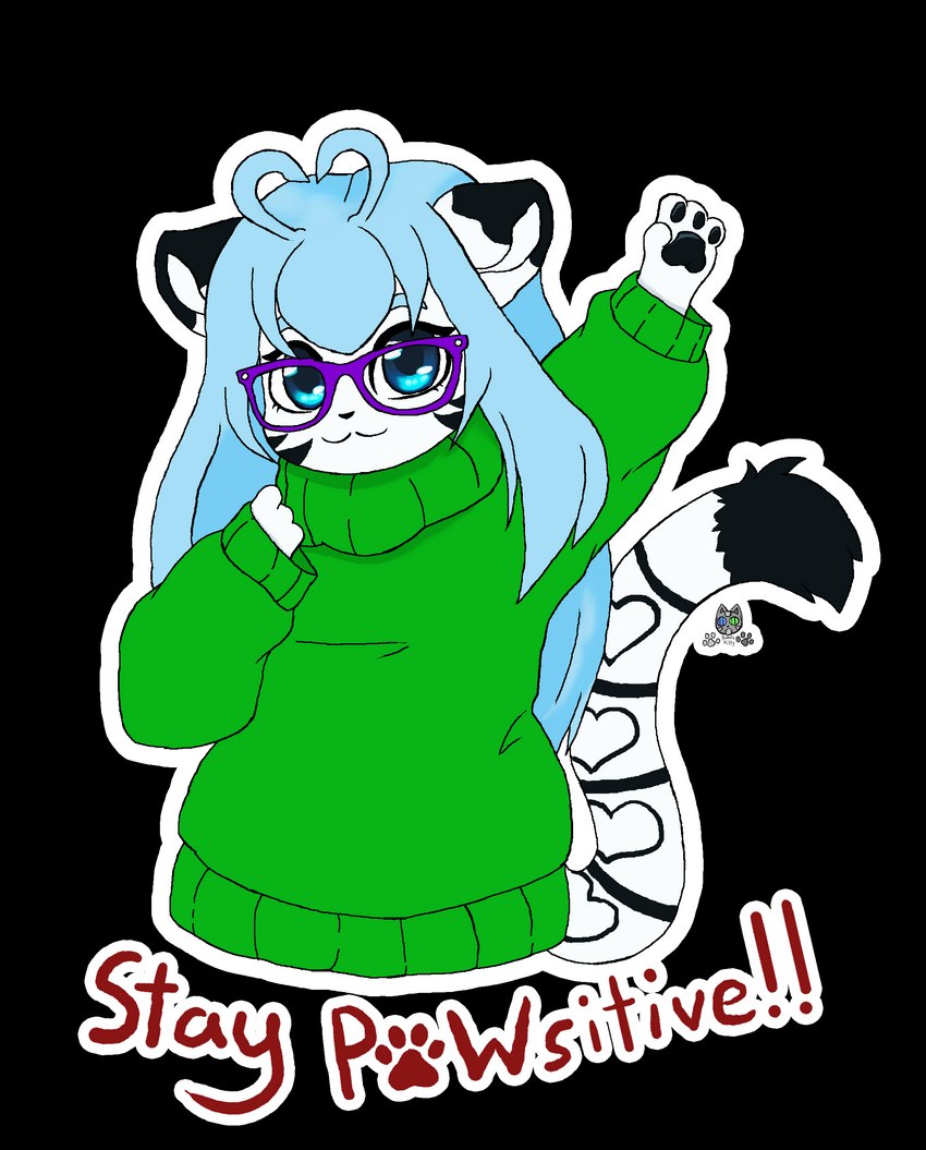 :3 ahoge ambiguous_gender antenna_hair anthro black_pawpads blue_hair blue_tongue bodily_fluids cheering chibi clothed clothing dipstick_ears dipstick_tail ear_markings eyewear fur gesture glasses green_clothing green_sweater green_topwear green_turtleneck hair hair_heart happy heart_(marking) heart_ahoge heart_on_body heart_symbol heart_tail letter_replacement leucistic looking_at_viewer markings multicolored_ears multicolored_tail oversized_clothing pawpads pawprint_font positive_message poster poster_template purple_eyewear purple_glasses simple_background smile smirk smug solo sticker sunglasses sweater tail tail_markings text tongue topwear transparent_background turtleneck white_body white_fur youtuber therobotickitty the_corbin_family nicholas_c._corbin felid mammal pantherine tiger 2023 absurd_res alpha_channel english_text half-length_portrait hi_res meme portrait reaction_image