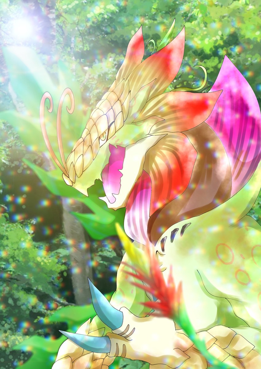 antennae_(anatomy) claws feral forest green_body light light_beam outside petals plant solo sunbeam sunlight tree wings yellow_eyes ariceroze bandai_namco digimon mythology digimon_(species) dragon elemental_creature flora_fauna mythological_creature mythological_scalie scalie toropiamon absurd_res hi_res