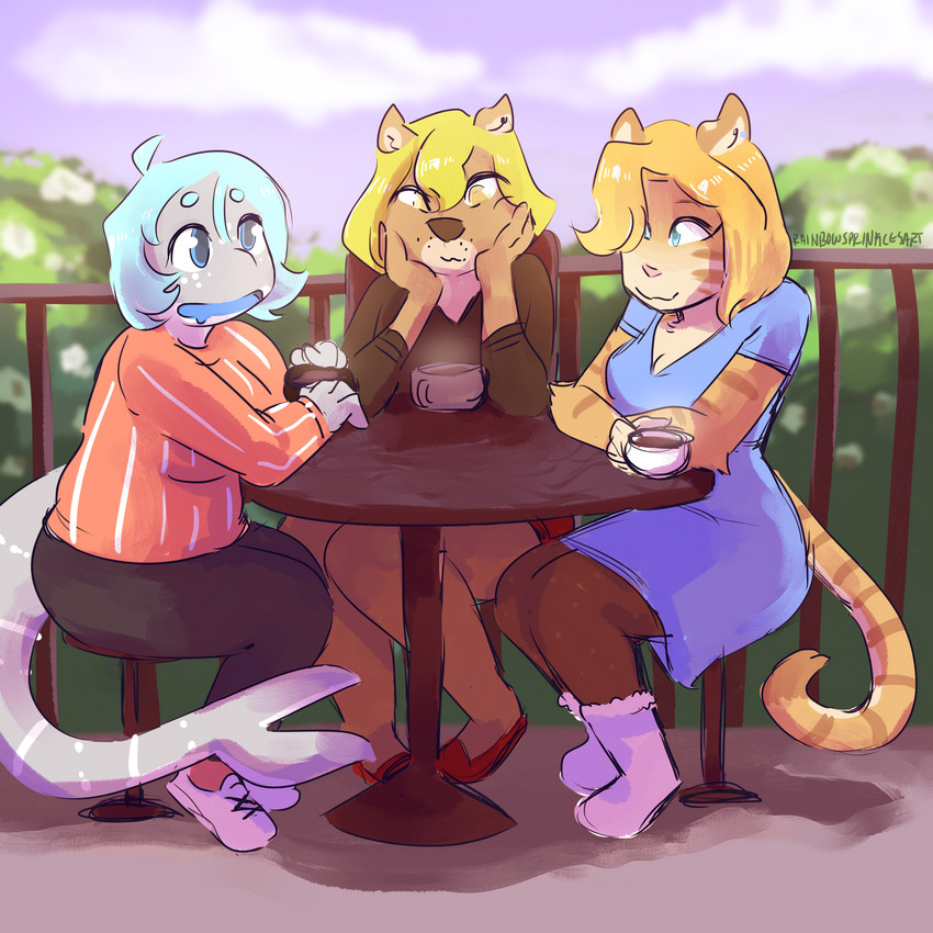 anthro beverage blue_eyes cafe clothed clothing coffee container cup dress female group hair outside sitting rainbowsprinklesart jessie_(znr) wendy_(rainbowsprinklesart) carpet_shark felid fish mammal marine mustelid otter pantherine shark tiger whale_shark 1:1 absurd_res hi_res