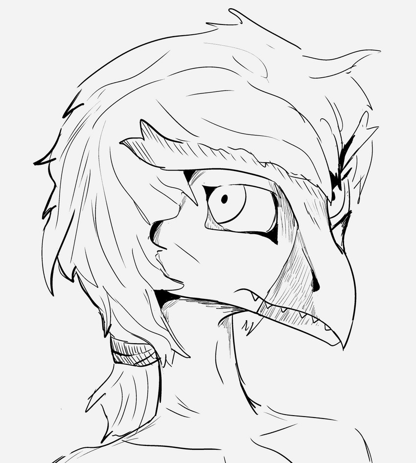 accessory anthro beak female hair hair_accessory hair_ribbon looking_at_viewer ribbons solo teeth yamabat vilous avian nevrean black_and_white hi_res monochrome