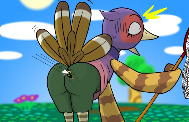 anthro bee_sting bent_over bottomless butt clothed clothing male open_mouth pain raised_tail rear_view reddened_butt solo tail bsting animal_crossing nintendo phil_(animal_crossing) arthropod avian bee bird common_pheasant galliform hymenopteran insect phasianid phasianus 2014 portrait three-quarter_portrait