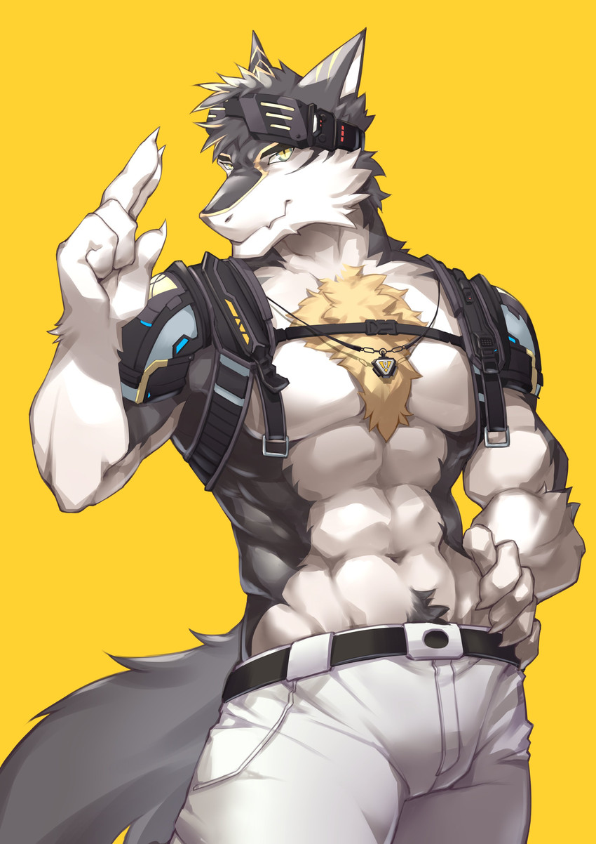 abs anthro athletic clothed clothing fur grey_body hair male multicolored_body multicolored_fur muscular muscular_anthro muscular_male pecs simple_background solo two_tone_body two_tone_fur white_body white_fur yellow_background vortiganshine mammal 2020 absurd_res hi_res