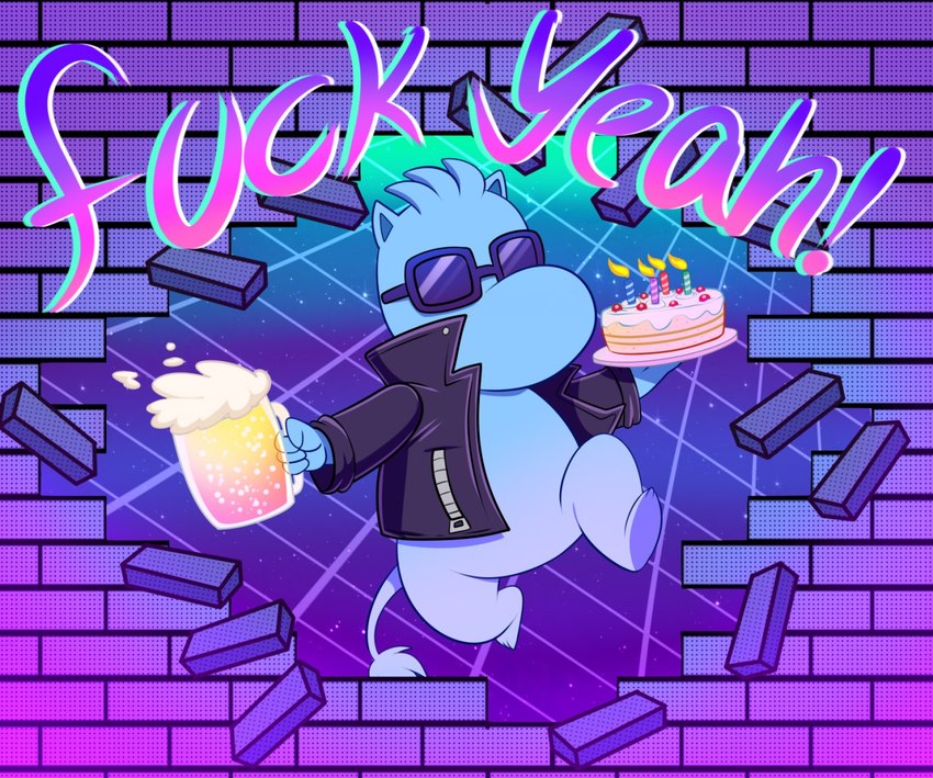 alcohol anthro beer beer_mug beverage birthday_cake birthday_candle brick brick_wall cake clothing dessert detailed_background eyewear food holding_food holding_object jacket jumping leather leather_clothing leather_jacket leather_topwear male solo sunglasses text through_wall topwear wall_(structure) lonbluewolf the_moomins lonbluewolf_(character) moomin snork_(moomin) 2019 english_text