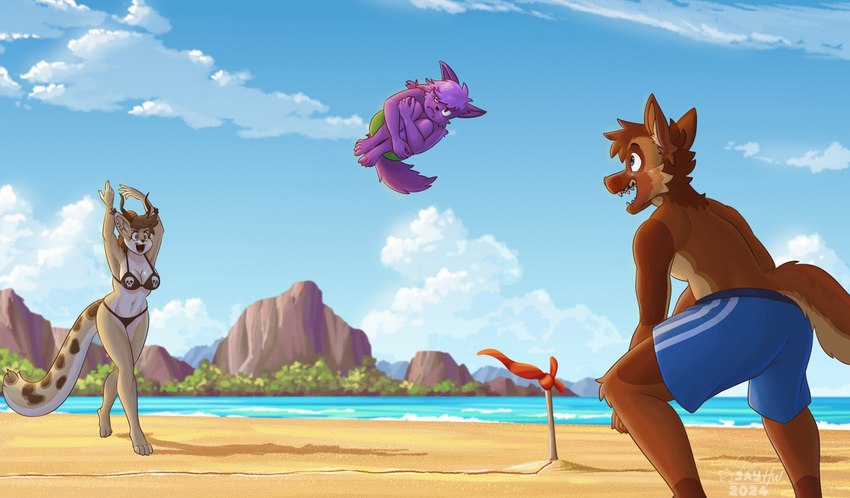 angry anthro arm_markings arm_tuft beach black_clothing black_nose black_swimwear blue_clothing blue_eyes blue_sky blue_swimming_trunks blue_swimwear brown_body brown_eyes brown_fur brown_hair brown_horn brown_nose cheek_markings cheek_tuft clothing countershade_face countershade_tail countershade_torso countershading crouching detailed_background dorsal_ridge ear_piercing ear_ring facial_markings facial_tuft female fingerless_(marking) flag fur green_clothing green_swimwear group hair hair_over_eye hands_together head_markings head_tuft horn inner_ear_fluff knee_tuft leg_markings leg_tuft logo male markings midair mountain navel one_eye_obstructed open_mouth piercing plant playing_sport ponytail purple_body purple_fur purple_hair raised_arm red_eyes reverse_countershading ring_piercing sand sea shadow shoulder_markings shoulder_tuft sky socks_(marking) sport spots stick swimming_trunks swimwear tail tan_body tan_fur tan_inner_ear_fluff teeth tree trio tuft volleyball water white_body white_clouds white_fur sammfeatblueheart volya_(volya~) canid canine canis domestic_dog felid feline fennec_fox fox german_shepherd herding_dog hybrid lynx mammal pastoral_dog true_fox 2024 artist_logo hi_res signature