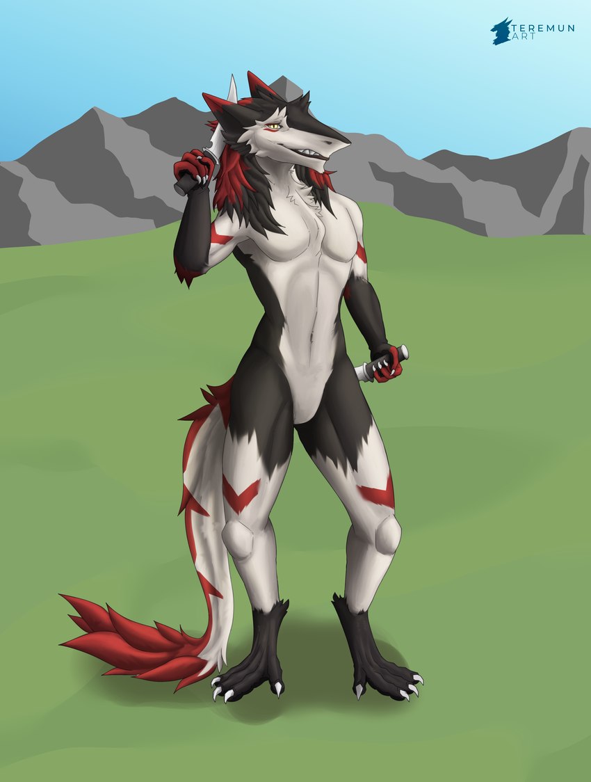 anthro clothed clothing digitigrade female fingers fur holding_object knife looking_at_viewer outside red_body simple_background smile solo standing tail tail_tuft tuft white_body white_fur conditional_dnp teremunart sheza sheza_soulscar sergal absurd_res hi_res