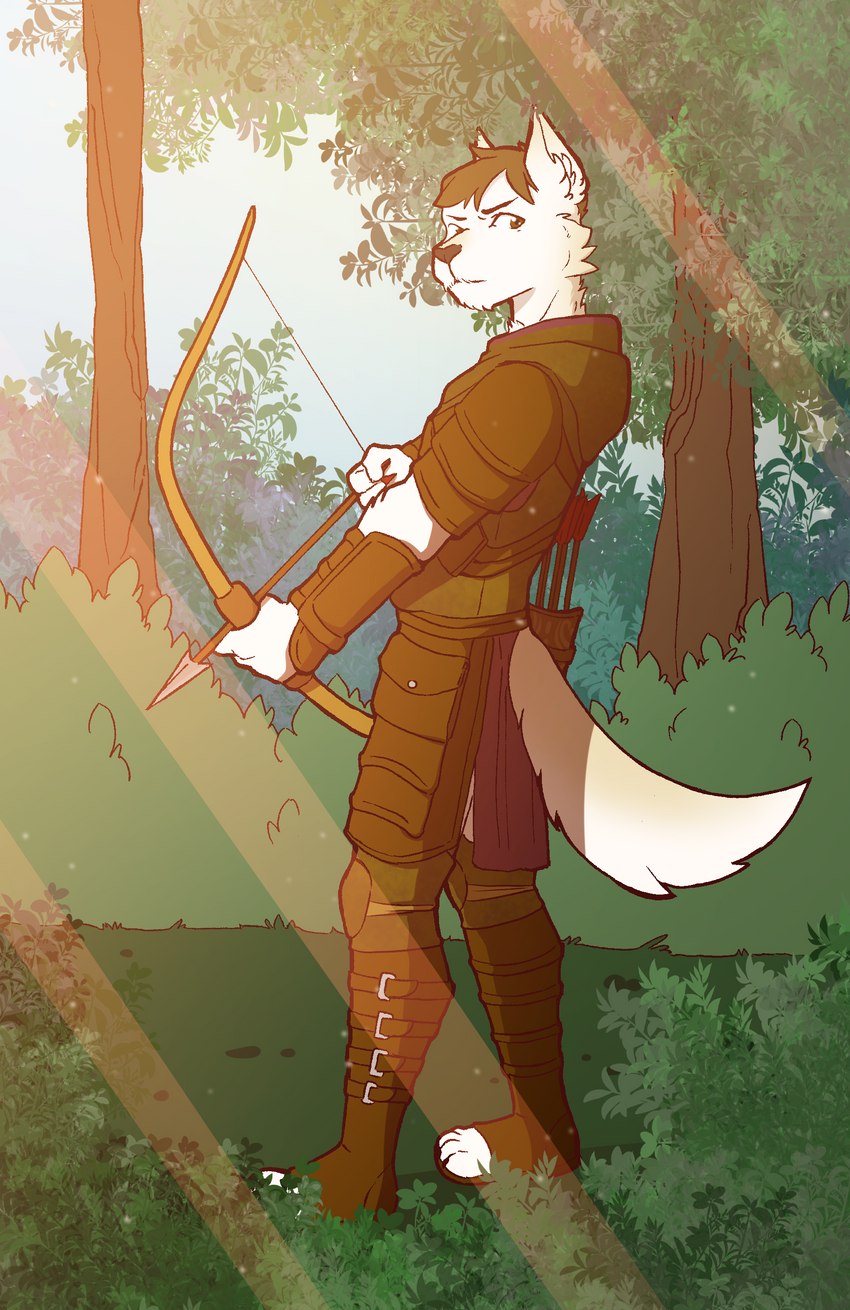 anthro armor arrow_(weapon) boots bottomwear bow_(weapon) bracers buckle clothing cowl feet footwear forest grass knee_pads leather leather_armor leather_clothing loincloth male outside pauldron plant pouch_(clothing) quiver_(object) ranged_weapon shoes shrub solo tail toes tree weapon morgdl sabbyth canid canine canis mammal wolf absurd_res hi_res