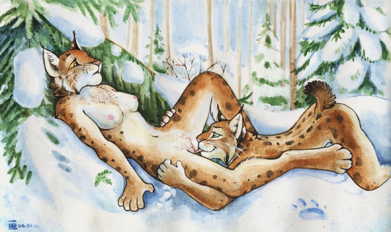 anthro anthro_on_anthro ass_up breasts chest_tuft cunnilingus detailed_background duo ear_tuft female female/female forest fur genitals green_eyes hand_on_leg hand_on_thigh inner_ear_fluff licking lying markings nipples on_back on_front oral outside plant pussy sex snow spots spotted_body spotted_fur spread_legs spreading tongue tongue_out tree tuft vaginal wood yellow_sclera trisha felid feline lynx mammal 2010