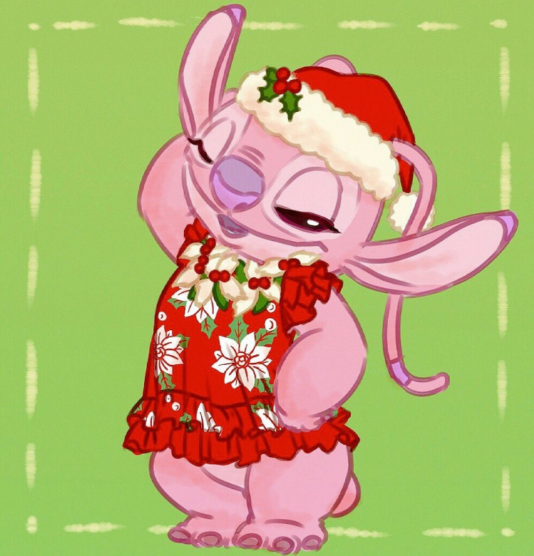 antennae_(anatomy) clothing dress female floral floral_clothing floral_dress floral_pattern floral_print garland hand_on_hip holidays lei one_eye_closed open_mouth open_smile pattern_clothing pattern_dress pink_body pose print_clothing print_dress purple_nose small_tail smile solo standing tail wink kurokuma824 christmas disney lilo_and_stitch angel_(lilo_and_stitch) alien experiment_(lilo_and_stitch) 2015