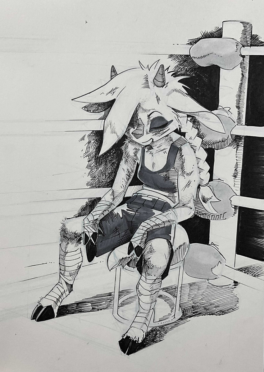 2_horns anthro arm_wraps biped bottomwear braided_hair braided_ponytail breasts clothed clothing cloven_hooves crop_top eyebrows eyes_closed female fighting_ring furniture hair hoof_hands hooves horn leg_wraps ponytail shirt shorts sitting small_breasts solo stool tank_top topwear unguligrade wraps horemheb feta_(chamma_retsuden) bovid caprine goat mammal 2025 absurd_res hi_res monochrome sketch