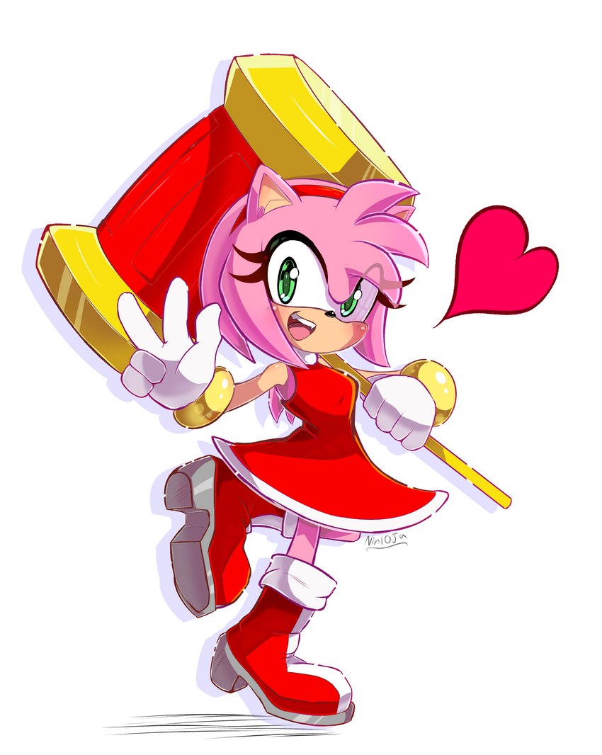 5_fingers anthro boots clothing female fingers footwear gloves green_eyes handwear open_mouth open_smile piko_piko_hammer shoes simple_background smile solo teeth white_background nin10ja sega sonic_the_hedgehog_(series) amy_rose eulipotyphlan hedgehog mammal 2021 absurd_res hi_res signature