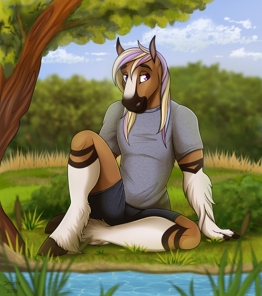 ankle_tuft anthro bottomwear clothed clothing cloud countryside detailed_background fur grass hair hooves leg_tuft male outside plant purple_eyes river shorts sitting sky smile solo tree tuft water jenery equid equine horse mammal digital_media_(artwork) hi_res